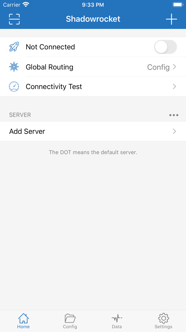 Shadowrocket Home: Not Connected, Global Routing, Add Server